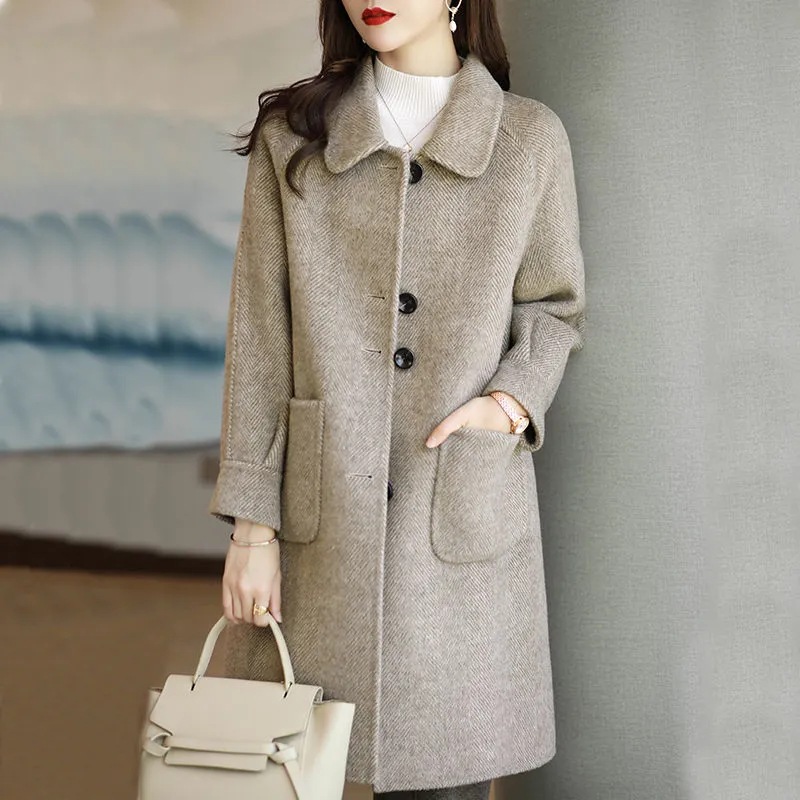 Women's Woolen Coat 2025 Autumn and Winter New Style, Petite, Thickened, Korean Style, Slim Fit, Elegant, Mid-Length Woolen Overcoat