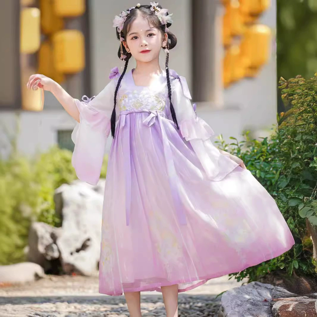 Новый детский Hanfu национальный стиль улучшенный принт для девочек платье сказочная милая принцесса фиолетовое платье