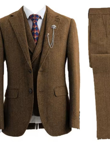 Kişi üçlü kostyum dəsti, herringbone naxışlı biznes kostyum