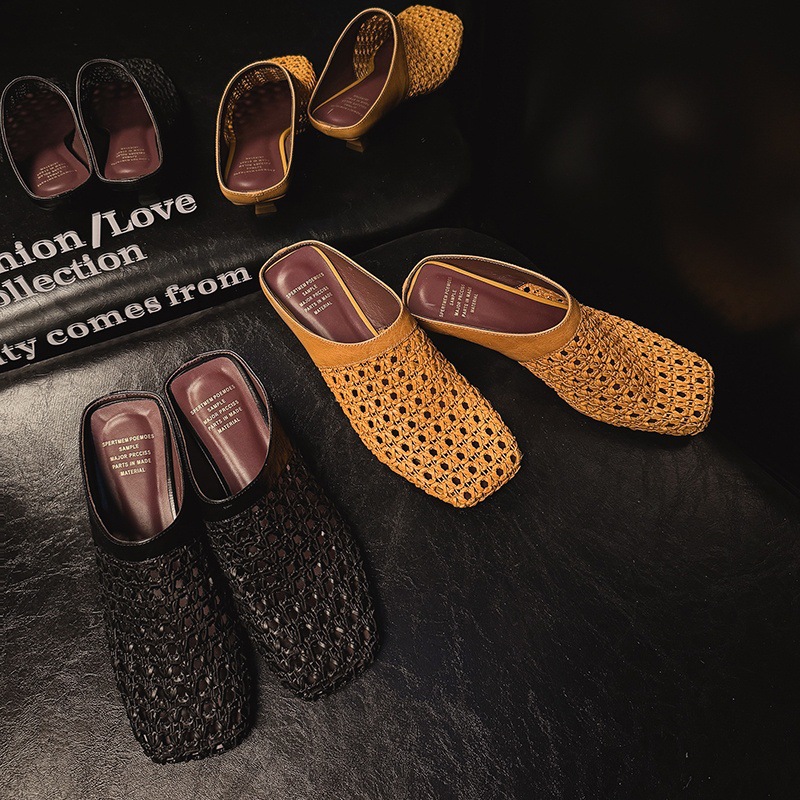 Woven retro women's slippers square toe stiletto heels