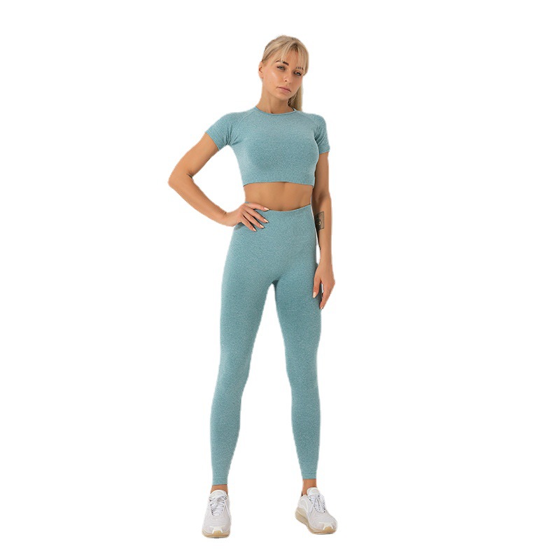 Seamless Knit Yoga Fitness Short Sleeve Pants Two Piece Set Women