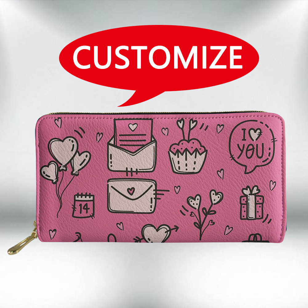 Billetera de mano para mujer de PU con temática de San Valentín, cartera de cuero con cremallera y monedero, suministro directo de fábrica.