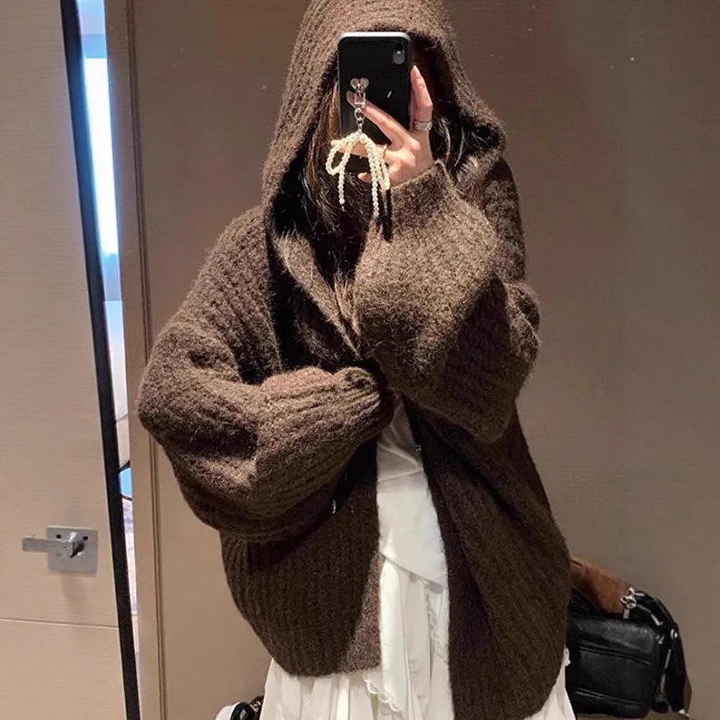 Thick Hooded Knitted Cardigan for Women, Autumn and Winter 2026 New Style, Ribbed Loose Sweater Coat, Foreign Trade Women's Clothing Thick Hooded Knitted Cardigan for Women, Autumn and Winter 2026 New Style, Ribbed Loose Sweater Coat, Foreign Trade Women's Clothing