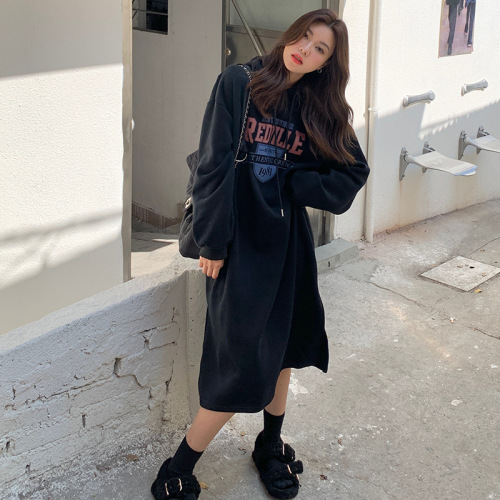 Harajuku style mid-length sweatshirt for women ins Korean style striped long-sleeved dress winter Korean style loose and slimming above the knee