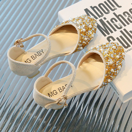  Spring New Girls' Diamond Princess Small Leather Shoes Student Pearl Monosole for Older Children Dance Shoes Fashion