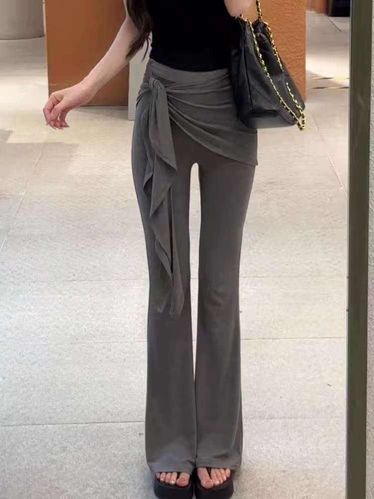 美式假两件系带微喇叭裤女夏季2025新款高腰显瘦显腿长休闲直筒裤