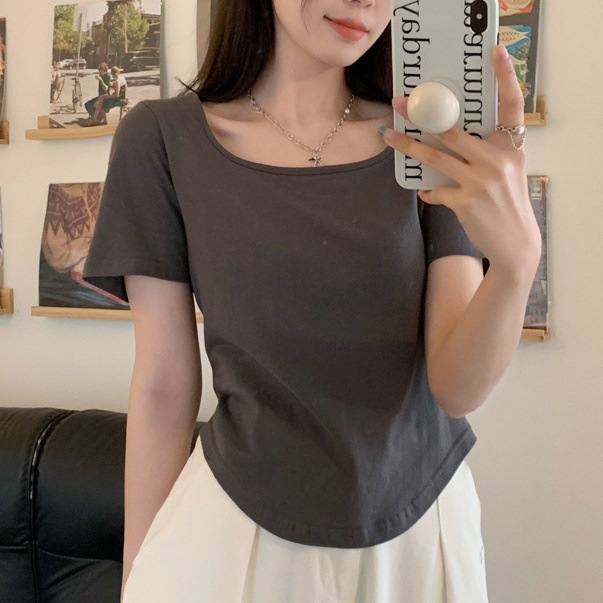 Pure desire niche white short sleeved t-shirt for women in summer 2024, new style with front shoulders to cover the_voghion.com