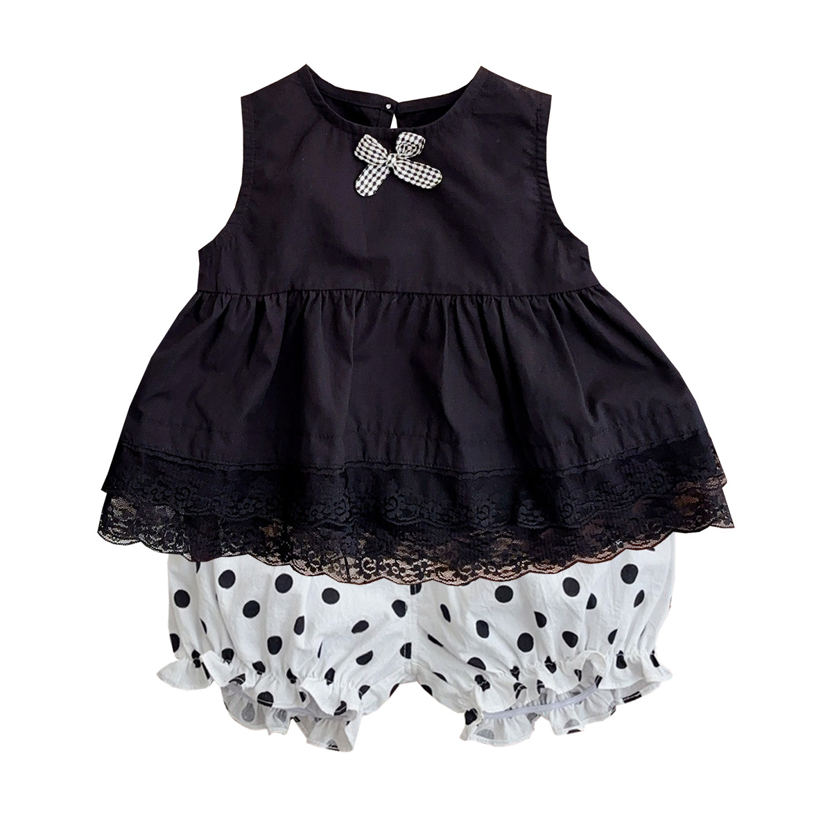 Traje para niñas estilo occidental chaleco negro pantalones cortos verano moda para bebés camisa de bebé sin mangas encaje traje de dos piezas