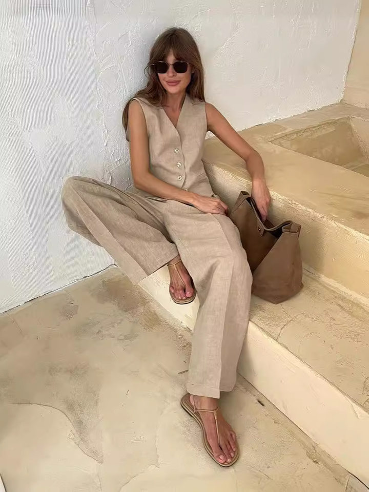 Bộ vest nữ hai mảnh áo vest không tay kèm quần cạp thấp phong cách hiện đại — Kaki, Màu cam, Màu đen