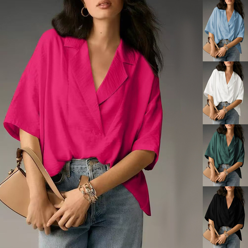 2026 Amazon European and American Foreign Trade Women's New Summer Short-Sleeved Lapel Casual Loose Top Solid Color Shirt