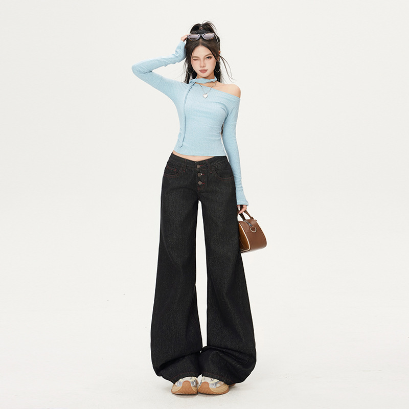 Double-Breasted Black Tea-Colored Low-Waist Jeans for Women, 2025 Spring and Autumn New Style, Loose Wide-Leg Drapey Floor-Length Pants