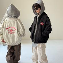 童外套2025秋季男女童韩版假两件字母夹克儿童连帽长袖休闲棒球服