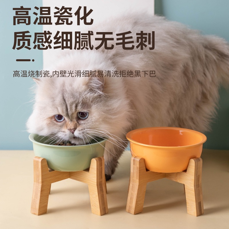애완 동물 세라믹 그릇 나무 프레임 가정용 고양이와 개 용품 식품 분지 자궁 경부 척추 보호 고양이 먹이 그릇 반대로 뒤집는 그릇 랙 애완 동물 그릇