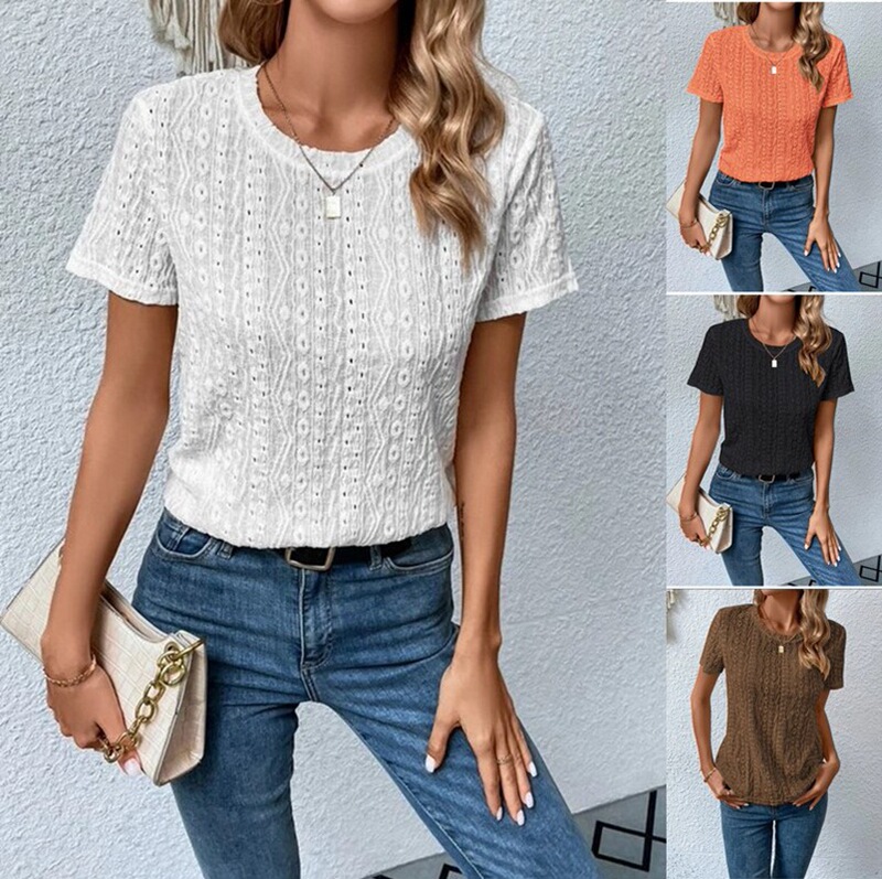 2023 Amazon ebay independent station Europe and the United States summer new solid color short sleeve hollow casual shirt cross-border spot