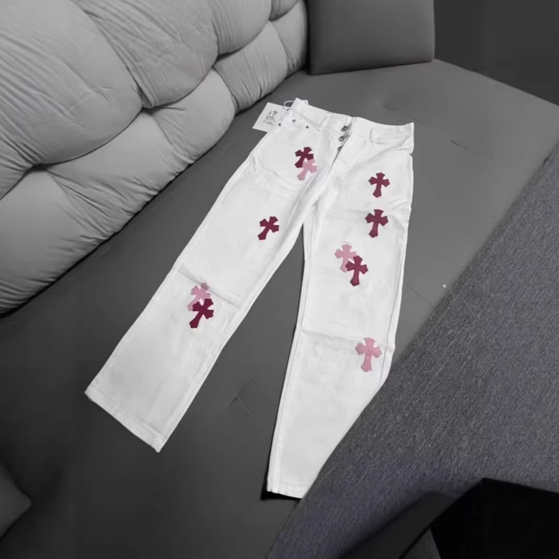High Street American-Style Light Luxury Jeans with Chrome Hearts Embroidery and Leather Patches, Unisex Loose Casual Versatile Wide-Leg Pants High Street American-Style Light Luxury Jeans with Chrome Hearts Embroidery and Leather Patches, Unisex Loose Casual Versatile Wide-Leg Pants