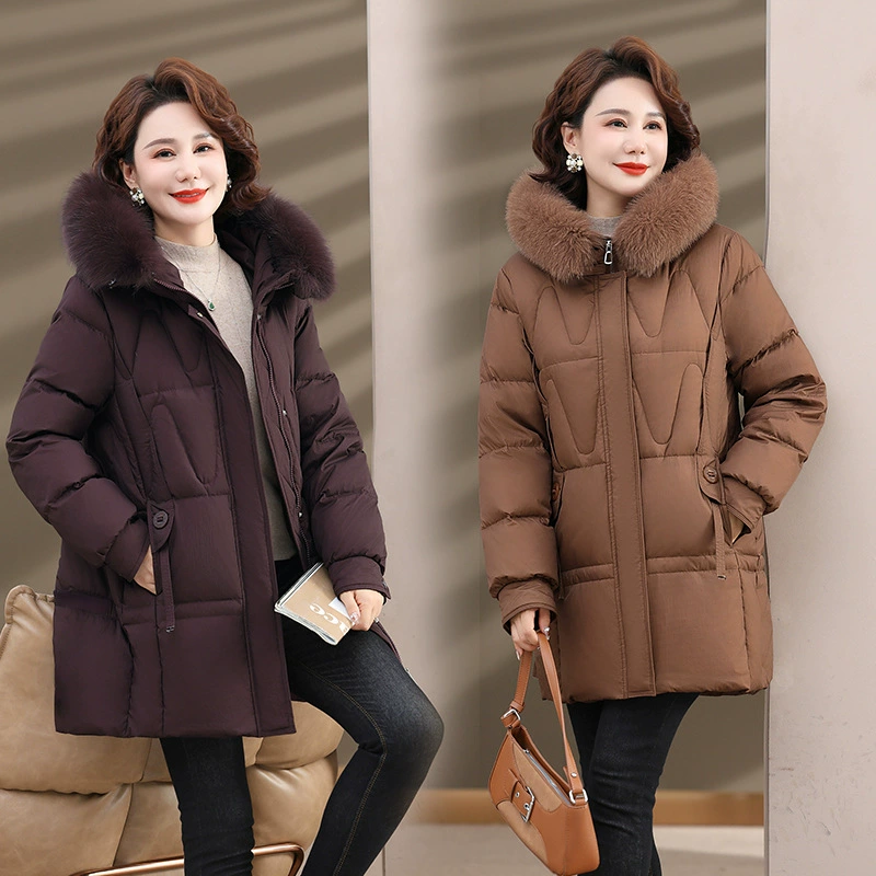 Лиса меховый воротник мама белая утка пуховик женский средний и длинный 2024 новый модный пальто среднего возраста