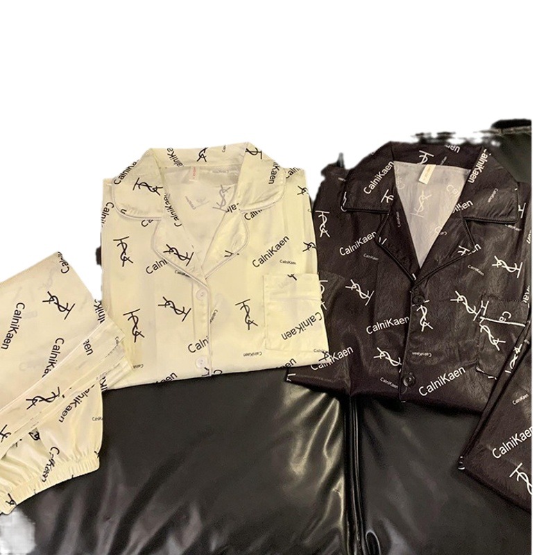 Estilo francés de alta calidad cartas par pijamas de primavera y otoño de seda de hielo de manga larga más tamaño real de seda hombres y mujeres traje de invierno