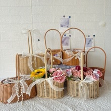编织手提珍珠伴手礼提篮满月结婚伴娘生日活动小礼品盒竹编女包包