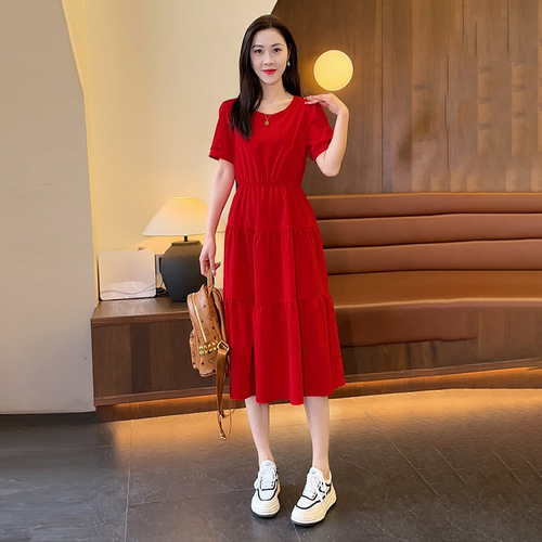 Summer Short-Sleeve Dress for Women, Medium-Long Length, 2025 New Arrival, Elegant and Slimming, Waist-Clinching, Fashionable High-Waist Round Neck Dress