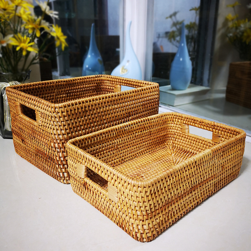越南藤编收纳筐日式ins桌面提手编织篮子零食杂物长方形手提箱