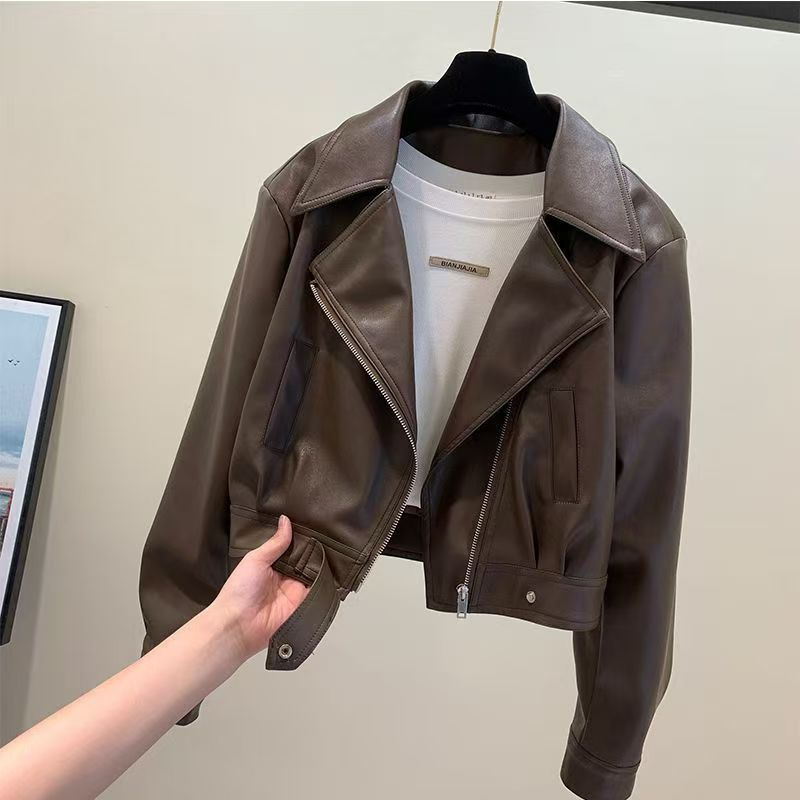 New Cross-Border Foreign Trade Leather Jacket for Women, Short Style for Petite Figures, Pu Leather, Slimming, Stylish, Versatile Jacket