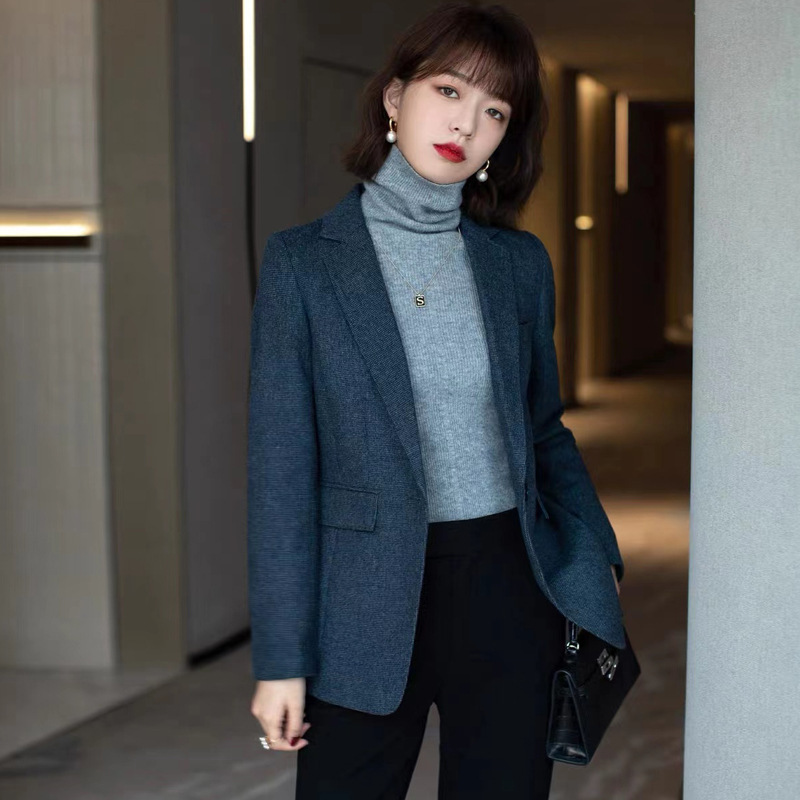 Spring New Wool Suit Jacket Temperament Commuter Gray Blue Slim Fashion One-Button Jacket Women's Clothing