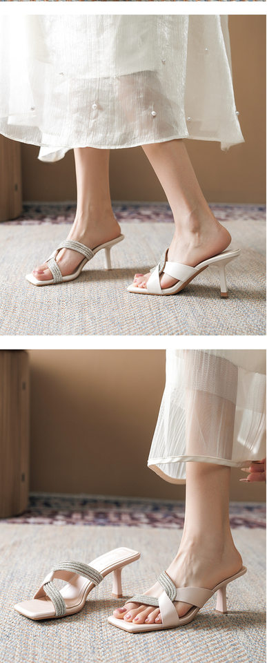 Dép sandal nữ quai ngang mũi vuông hở ngón đính đá hình rắn, gót cao 6–8 cm — Màu bạc, Màu hồng nhạt, Màu trắng ngà chi tiết 9