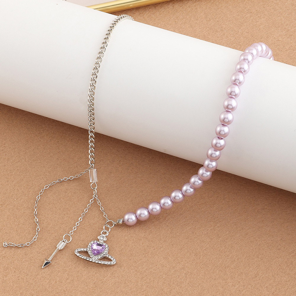 Romantic Purple Crystal Planet Pearl Clavicle Necklace Personality Tassel Necklace display picture 3