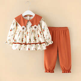 女童衣服裤子分体两件套秋冬季洋气卫衣连帽长袖纯棉休闲外出童装