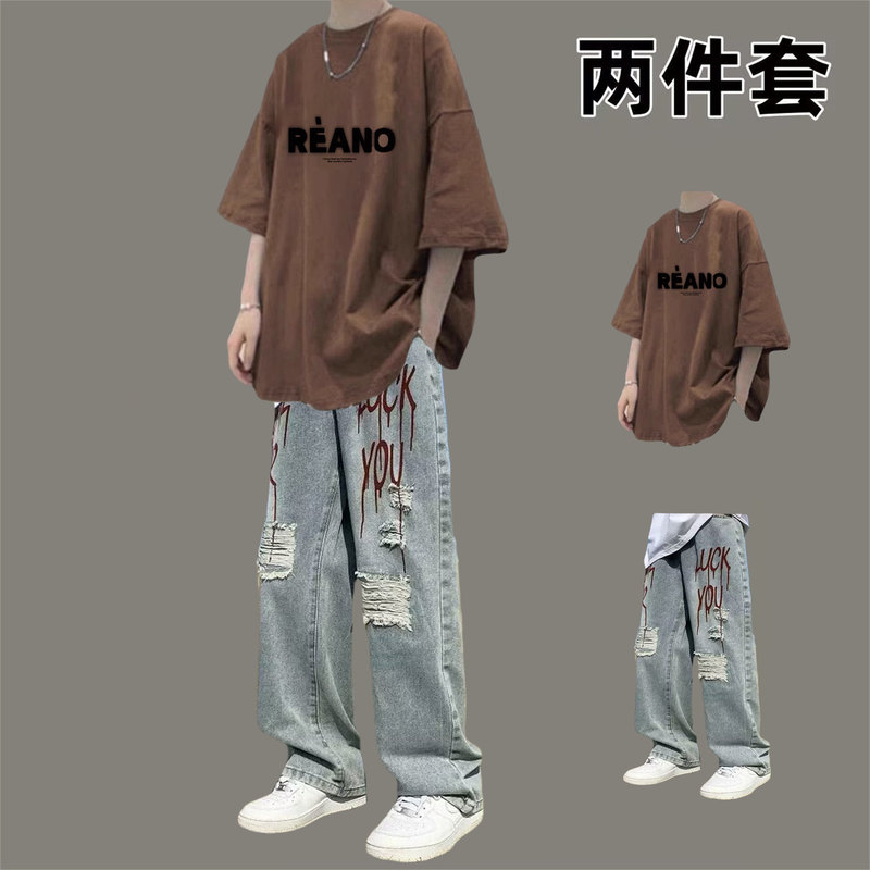 Summer Pure Cotton Short-Sleeved T-Shirt Boys' Outfit, Cool and Stylish Youth Wear, Men's Clothing Set Paired with Ripped Jeans Summer Pure Cotton Short-Sleeved T-Shirt Boys' Outfit, Cool and Stylish Youth Wear, Men's Clothing Set Paired with Ripped Jeans