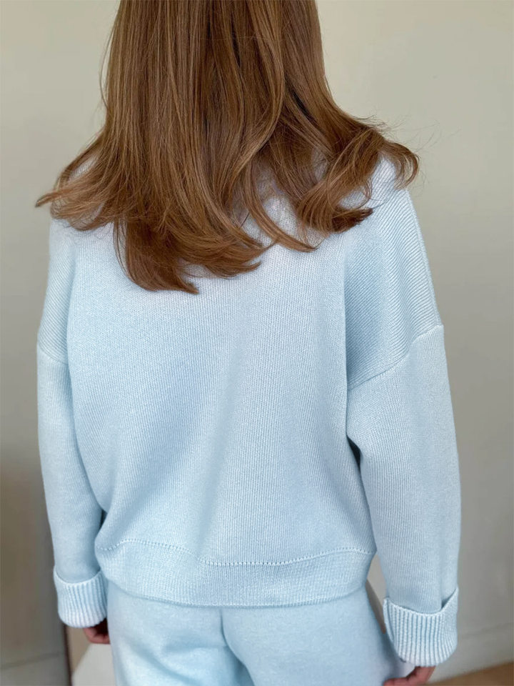 Bộ áo cardigan dệt kim khóa kéo dài tay phối quần ống rộng cho nữ — Màu nâu, Màu trắng, Màu xanh dương chi tiết 21