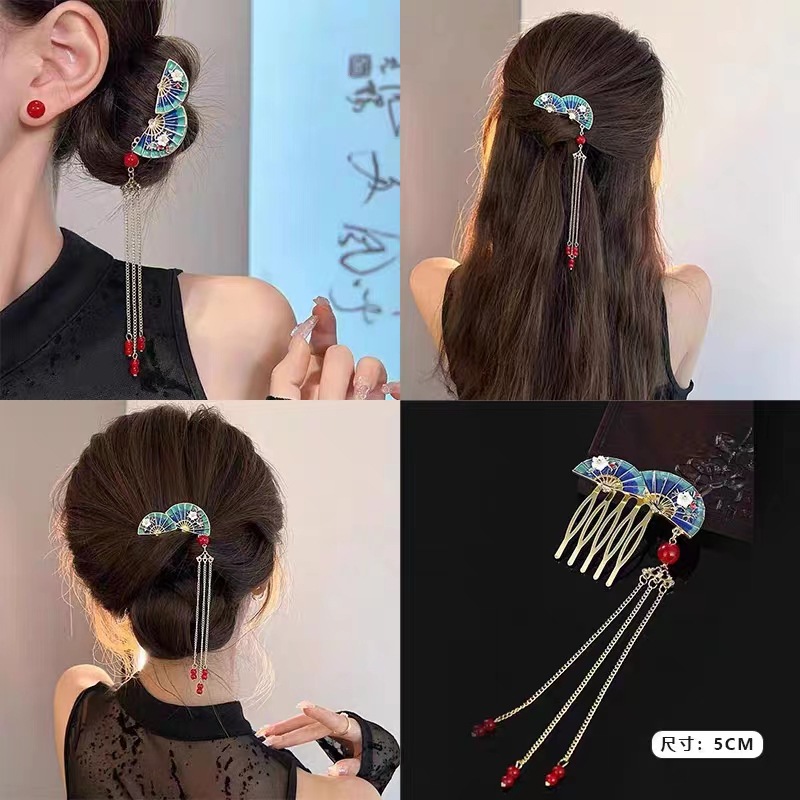 New Chinese Style Ancient Fan Hairpin with Flowing Suede Red Pearl Half Braid Hair Accessory High-end Sense of National Trend Hair Clip Retro Head Accessory