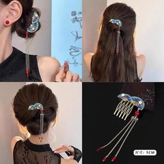 New Chinese Style Ancient Fan Hairpin with Flowing Suede Red Pearl Half Braid Hair Accessory High-end Sense of National Trend Hair Clip Retro Head Accessory