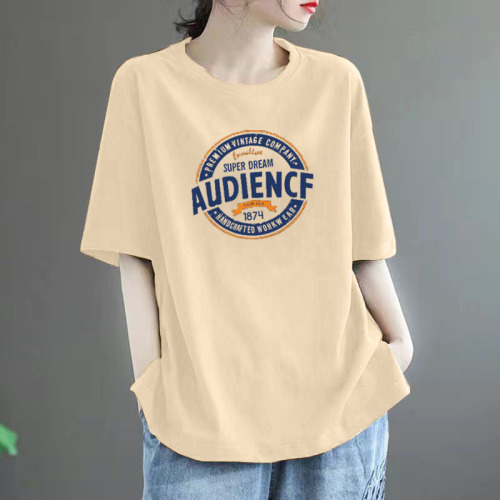 2025 Summer 100% Cotton Women's Loose Plus Size Slimming Fashion Medium Length Crew Neck T-shirt