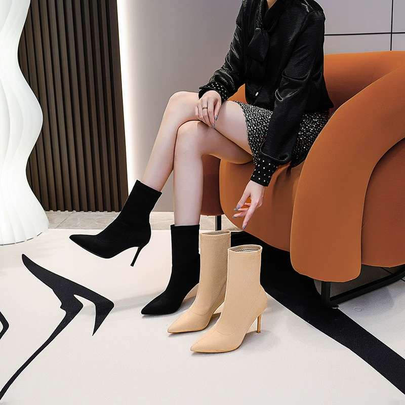 Ботинки на шпильке Эластичные тонкие сапоги Женские 2023 осень-зима Новое поступление Носки Ботинки Универсальные Ботинки Martin на высоком заостренном каблуке