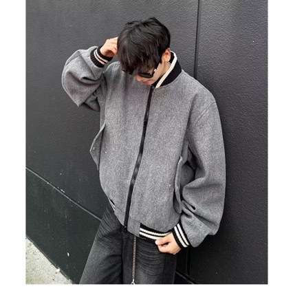 秋季新款外套宽松毛呢料夹克外套棒球服宽松百搭棒球服跨境潮灰色
