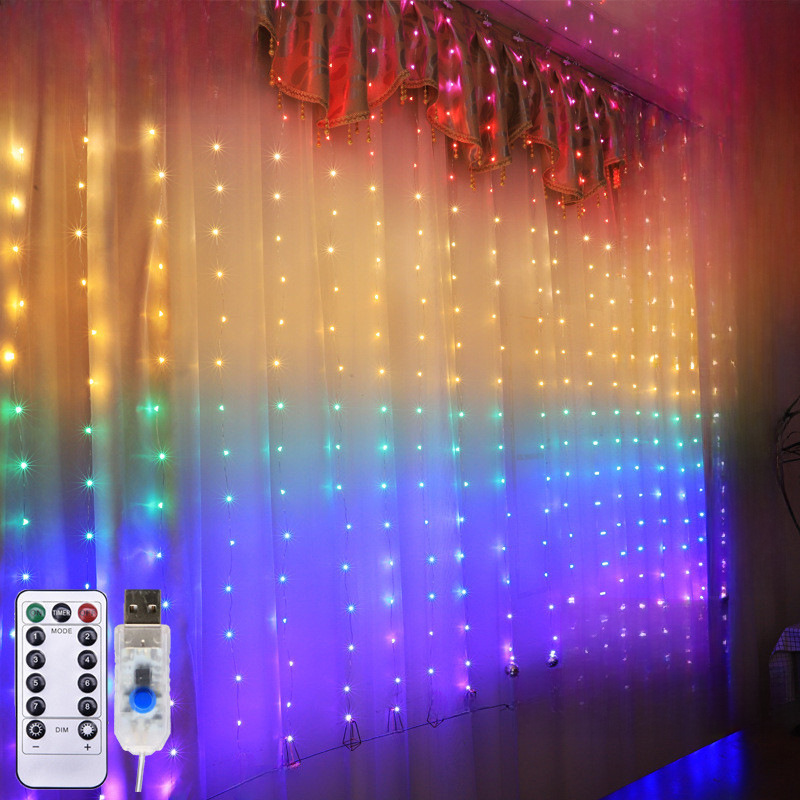 LED copper wire curtain light string usb remote control hook curtain light string bedroom room decoration rainbow curtain light string