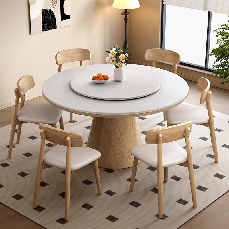 Nordic Solid Wood Slate Dining Table and Chair Combination for Home Small Apartment Round Light Luxury Dining Table Modern Turntable Simple Round Table