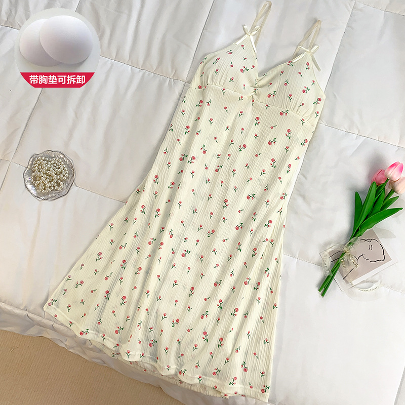 Camisón fino de algodón de imitación de verano, falda media para mujer, dulce, pequeña y fresca con almohadilla para el pecho, camisón para el hogar, comercio exterior al por mayor, Douyin