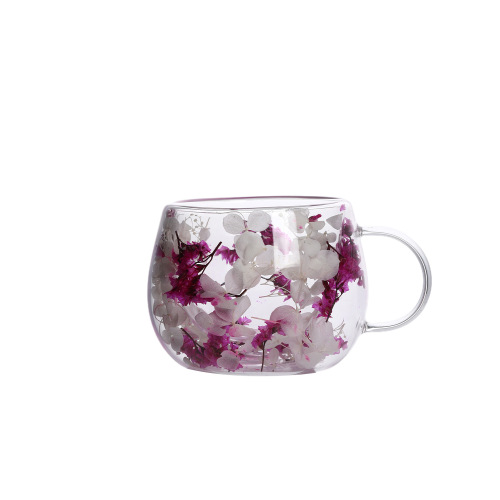 Creative double-layer dried flower cup, small round fun drinking cup with handle, milk cup made of high borosilicate glass, real flower cup