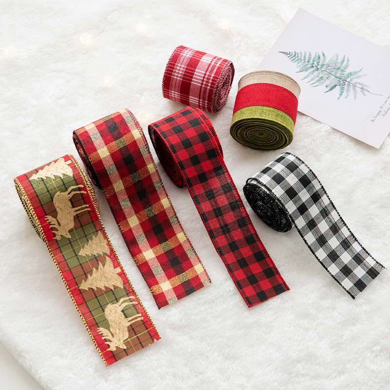 NUCHI Christmas Decorative Wire-Edged Red and Black Plaid Ribbon | Christmas Tree Accessories | Plaid Faux Linen Satin Ribbon