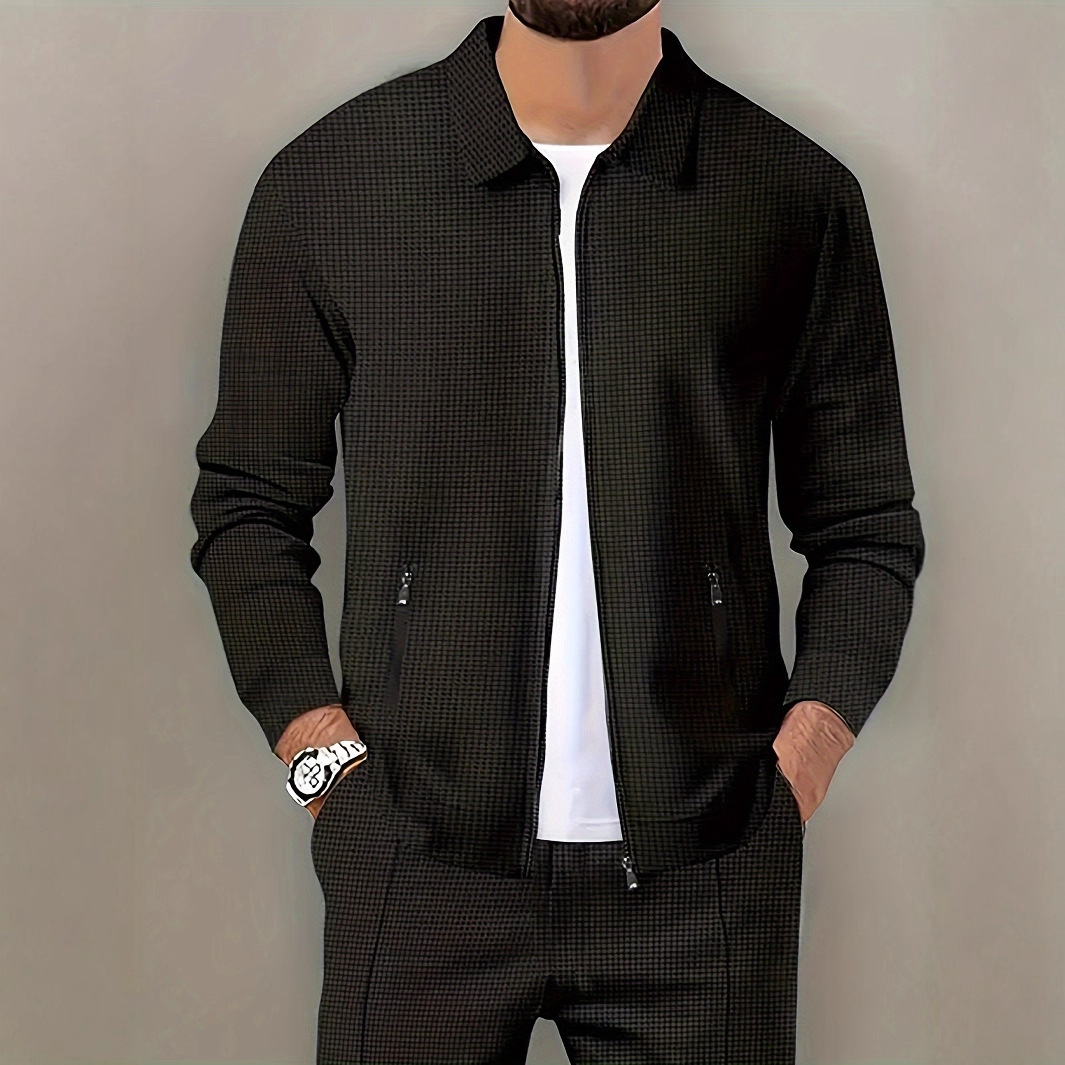Chaqueta deportiva casual con cremallera de waffle de Amazon transfronterizo para hombres europeos y americanos, pantalones de manga larga, traje de solapa