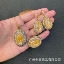 新款金箔干花椭圆套装个性中古珠宝饰品手工镶嵌捷克钻小众珠宝