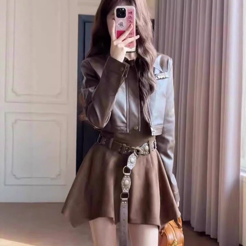 Women's Suit 2026 Spring and Autumn Korean Style Spicy Girl Short Jacket Leather Coat Waist-Cinching Strap Dress Two-Piece Set