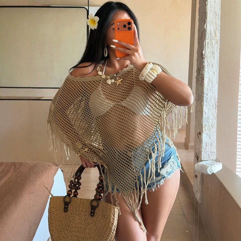 Cross-border bestseller: Solid color knitted mesh hollow-out pullover shawl, sun protection for women, beach vacation woven swimsuit beach towel Cross-border bestseller: Solid color knitted mesh hollow-out pullover shawl, sun protection for women, beach vacation woven swimsuit beach towel