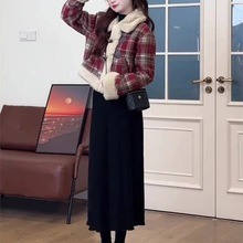 冬季一整套女装2024新款时尚格子翻领外套百搭针织半身裙两件套潮