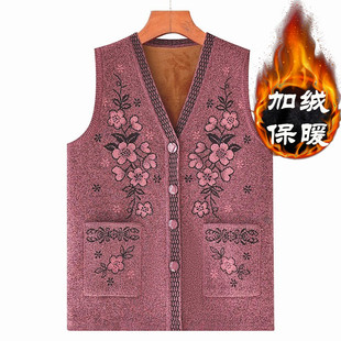 Middle-aged and elderly fleece-lined waistcoat autumn and winter mother sweater vest coat granny vest granny knitted cardigan
