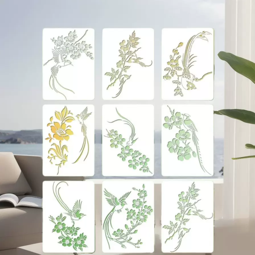 新款厂家直供填色亚马逊植物花鸟涂鸦PET镂空绘画模板装饰辅