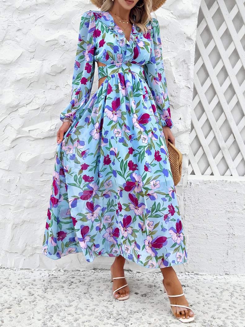 Women's Regular Dress Vacation V Neck Printing Long Sleeve Flower Maxi Long Dress Daily Beach display picture 4