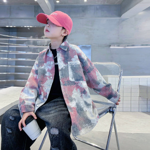 Boys' Spring and Autumn Ink Tie-Dye Long Sleeve Shirt 2025 New Children's Spring Clothes for Boys